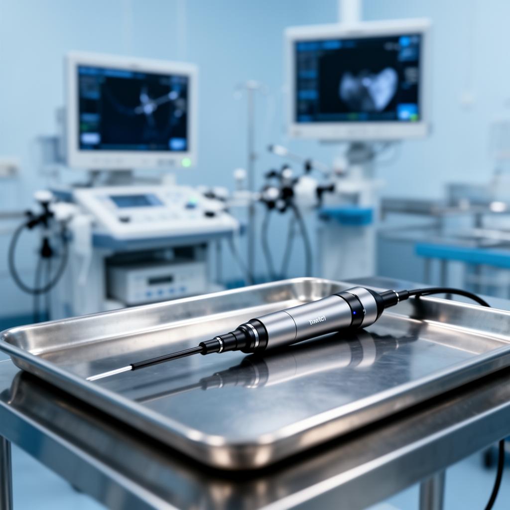 Endoscopic surgical device on a sterile tray in an operating room