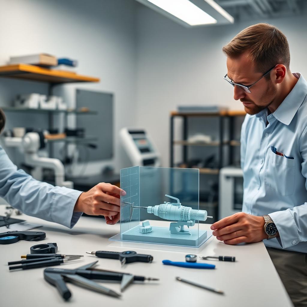 Engineer and industrial designer reviewing a surgical device prototype