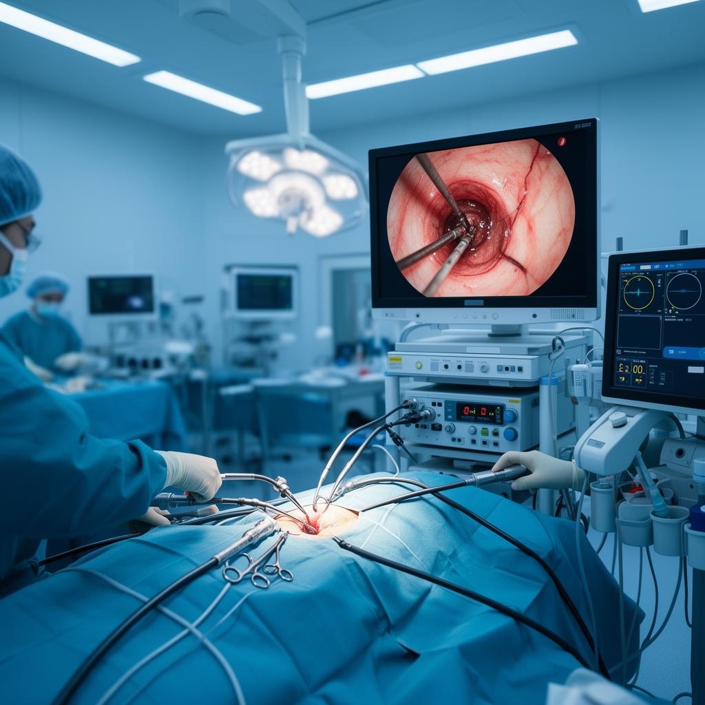 Laparoscopic surgery in a modern operating theatre with a tower and camera monitor