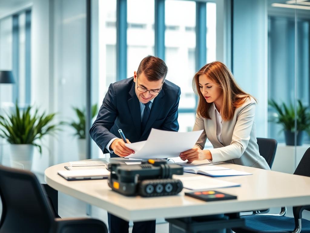 Two professionals collaborating over a product and documents